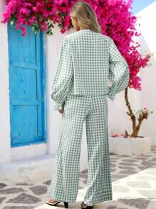 Vivid Eden Women's Boho Chic Plaid Front Tie  V-Neck Long Sleeve  Shirt And Pants 2 Pieces Set, Women Autumn 2 Pieces Outfit, Gingham Set, Two Piece Set Women Vacation, Two Piece Casual Sets Women,Fall Women Clothes,Vacation Outfits,,Rave Outfit,Brunch Outfits For Women,Fall Women Clothes - Green - View 2