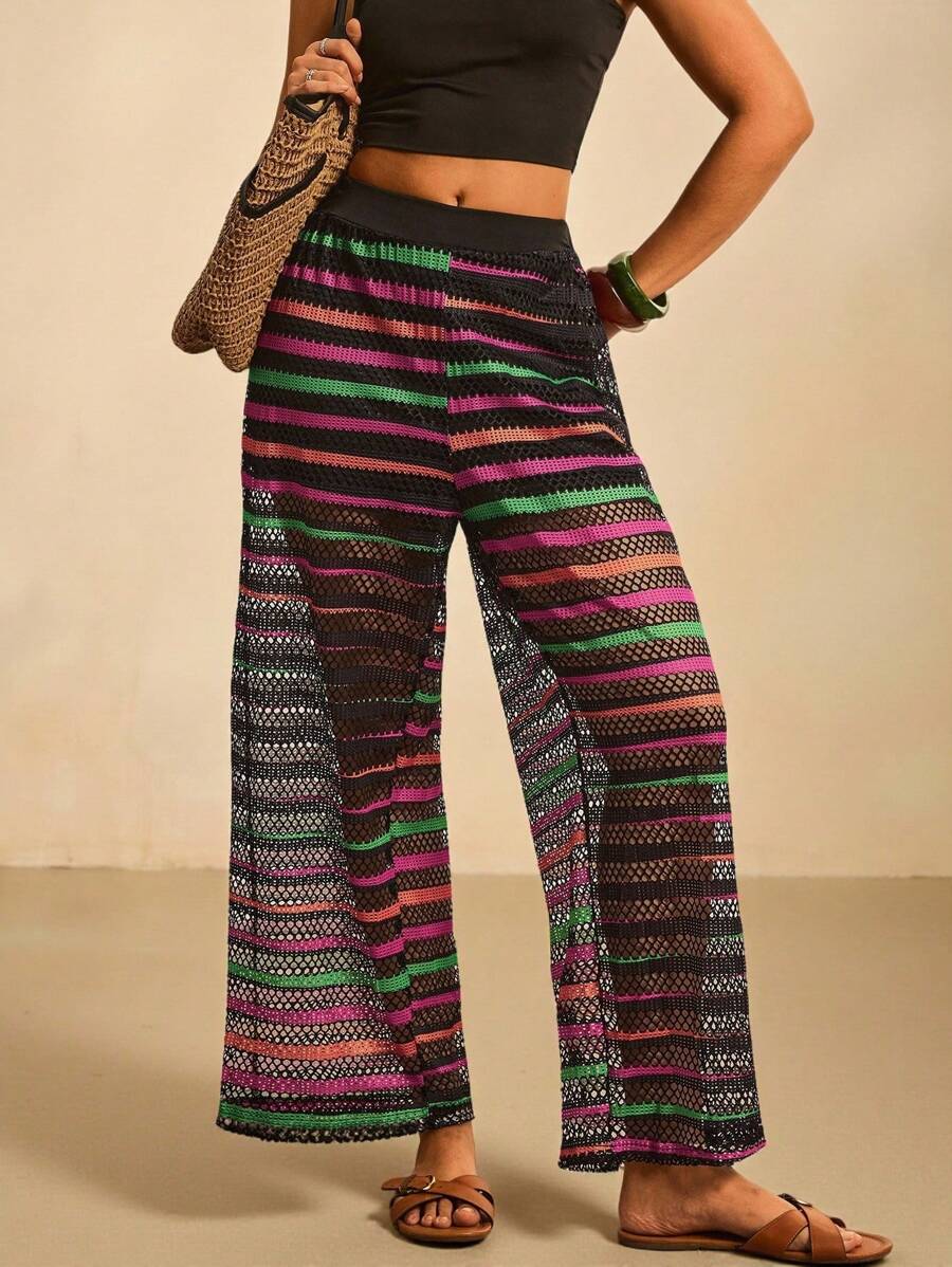 SHEIN VCAY Pantalon ample et ample à jambes larges, rayé et ajouré, pour femmes grandes tailles - Multicolore - Voir 1