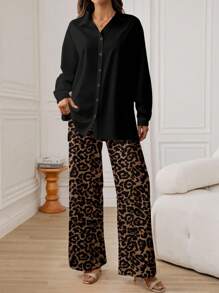 SHEIN LUNE 2pcs Set Women Casual Minimalist Leopard Print Long Sleeve Blouse Autumn And Winter