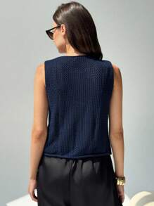 Aloruh New Arrival Autumn Round Neck Sleeveless Metal Button Decor Chunky Knit Cardigan Vest Top - Navy Blue - View 2