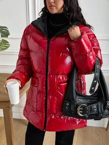 EURMUSE Plus 休闲闪亮红色高品质特殊面料连帽羽绒冬季外套 - 紅色 - 查看 3