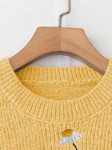 SHEIN LUNE Áo len chui đầu dài tay thêu hoa cỡ lớn thường ngày - Màu vàng - Xem 4