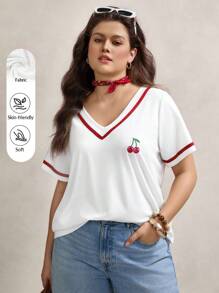 Zelara Camiseta de manga corta con recorte de bloques de color y estampado de cerezas para uso casual en tallas grandes para mujeres, ropa bohemia y estilo 90, tops gráficos de verano para festival, salidas de primavera y verano, ropa de primavera y festival de rave, 100% algodón - Blanco - Ver 1