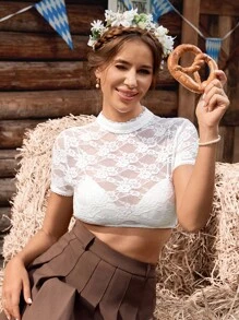SHEIN Frenchy Women's Elegant White Floral Lace Trimmed Short Sleeve Top,Stand Collar Puff Cropped Blouse For Summer Party,Oktoberfest Dirndl Tracht Bierfest Tops - White - View 4