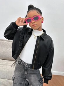 SHEIN 青少年女孩纯色翻领长袖短款宽松休闲 PU 皮夹克 - 黑色 - 查看 4