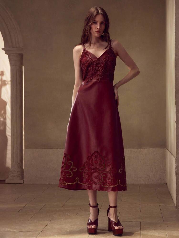 WOMEN'S HOLLOW EMBROIDERED PU SLIP MIDI DRESS