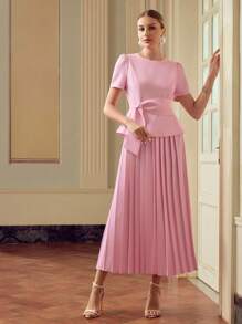 ZEYLAH 女士时尚粉色圆领短款泡泡袖腰带褶边优雅连衣裙 - 粉色 - 查看 5