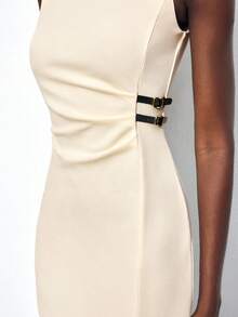 Maija 女式无袖系带中长连衣裙，修身廓形，适合城市通勤、商务、休闲装，优雅适合圣诞节、万圣节、派对、婚礼宾客 - 杏色 - 查看 2