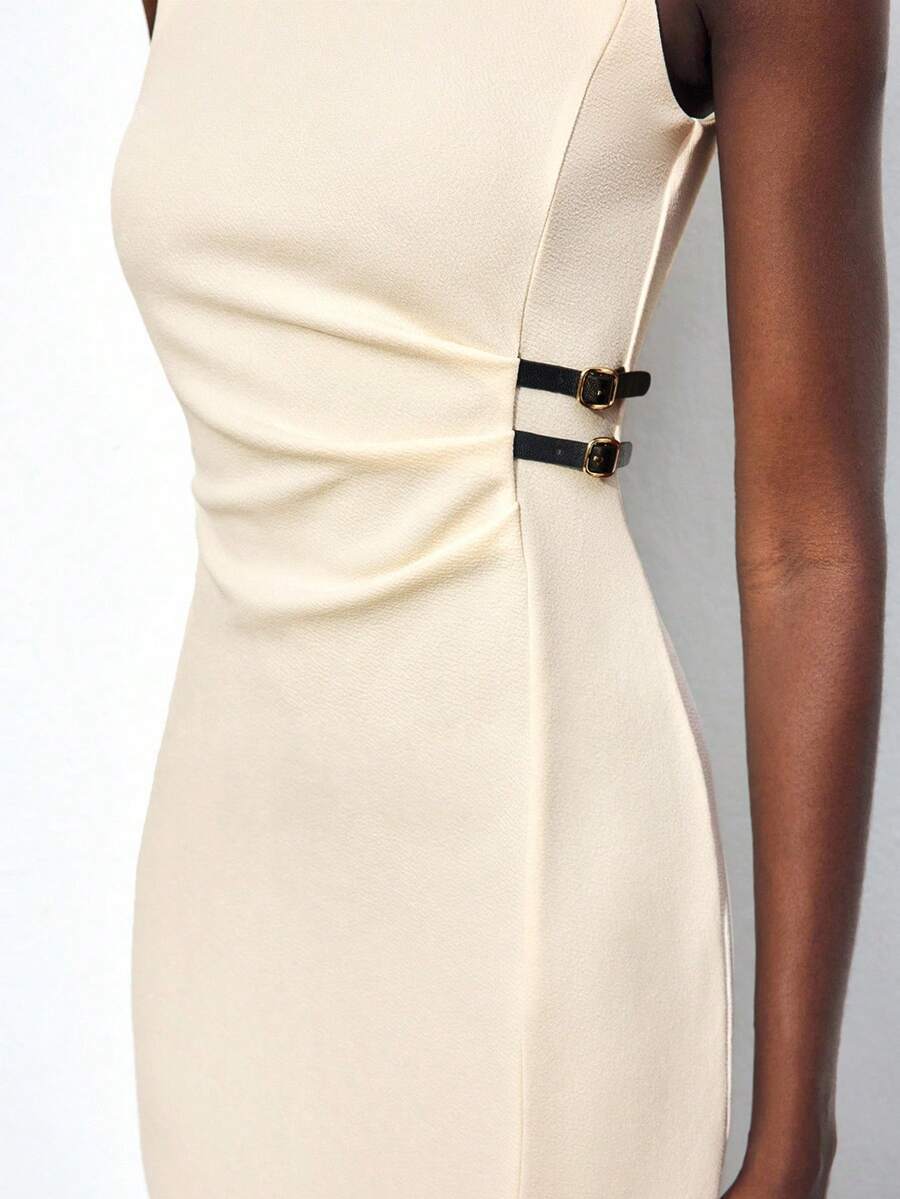 Maija 女式无袖系带中长连衣裙，修身廓形，适合城市通勤、商务、休闲装，优雅适合圣诞节、万圣节、派对、婚礼宾客