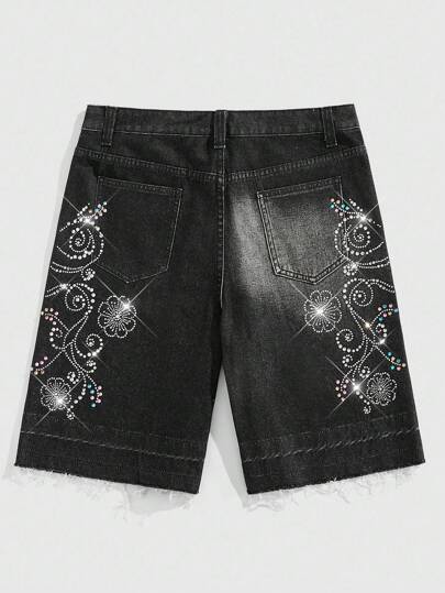 Street Life Shorts vaqueros sueltos con borde deshilachado, decorados con flores y cristales, de moda casual de verano para hombres