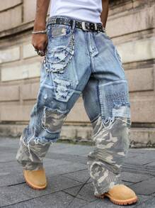 Manfinity Roghcode Casual Distressed Camouflage Patchwork Wide Leg Loose Fit Jeans, American Streetwear Style Baggy Ripped Jeans Men Camo Jeans Men Streetwear Jeans - Blue - View 3