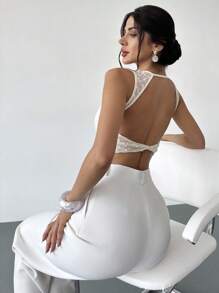 Firerie Áo thun nữ cổ tròn không tay hở lưng màu mơ, chất liệu vải có họa tiết, thích hợp mặc đi nghỉ hè, dự lễ tốt nghiệp, đi học. - Màu be - Xem 4