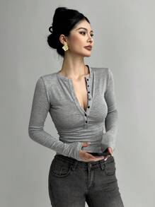 DAZY 女式半拉链长袖紧身T恤，秋季女装 - 灰色 - 查看 5