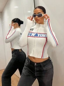 SHEIN ICON 女士字母图案立领短款拉链毛衣 Y2K 露脐上衣 白色露脐上衣 纽约风上衣 Y2K 上衣 拉链露脐上衣 秋季女装 - 彩色 - 查看 5