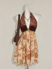 SHEIN ICON Váy ngắn nhung chắp vá phong cách cung điện cổ điển, gợi cảm cổ điển, thích hợp mặc dự tiệc và mặc hàng ngày, trang phục thời trang mùa thu cho phụ nữ - Nhiều màu - Xem 4