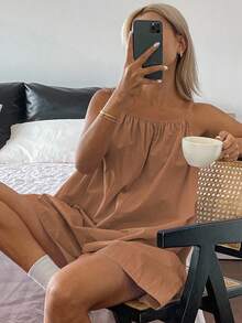 Livesso 简约纯色露背宽松阔腿女式连体裤，家居服睡衣 - 珊瑚橙 - 查看 1