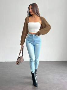 SHEIN PETITE Áo khoác cardigan tay raglan dệt kim ba lê không có áo hai dây màu nâu dành cho nữ mùa thu đông - màu nâu - Xem 4