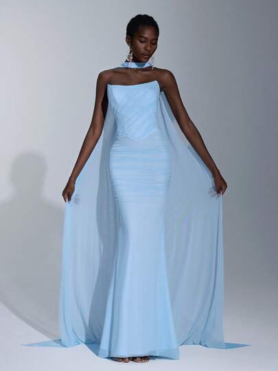 Elitara Elegant And Gorgeous Light Blue Stretch Mesh Sailboat Collar All Over Pleated Decoration Fishtail Skirt With Scarf Suitable For Wedding Formal Occasions Date Party Formal Occasion Bridesmaid Dress, Valentine's Day