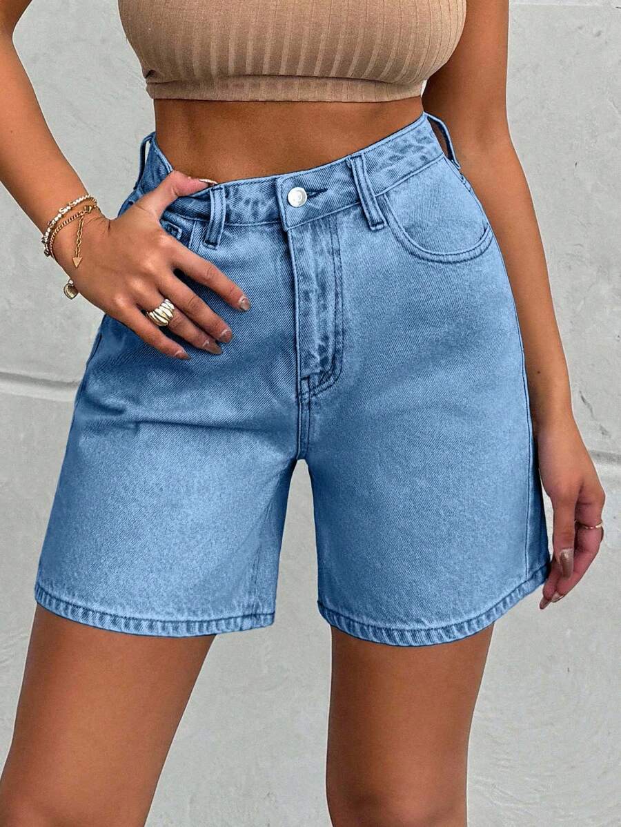EURMUSE 100%Cotton LIGHT WASH HIGH WAIST SHORT - Royal Blue - View 1