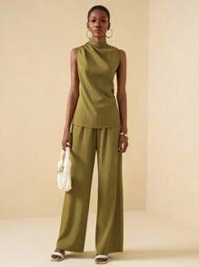 Vesra Conjunto de 2 piezas moderno para mujer con camisa sin mangas de cuello con volantes asimétrico y pantalones de pierna ancha