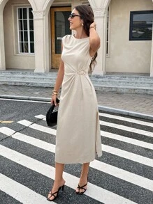 Serisse Váy midi không tay thắt nút xoắn màu trơn dành cho nữ - Màu be - Xem 1