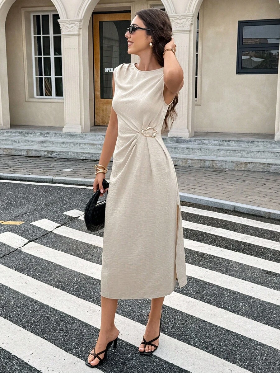Serisse Váy midi không tay thắt nút xoắn màu trơn dành cho nữ - Màu be - Xem 1