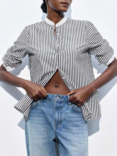 Maija 2025秋冬新款经典黑白条纹领口袖口撞色拼接前襟纽扣小立领女式衬衫，现代优雅都市通勤日常百搭浪漫休闲90年代圣诞节新年、感恩节派对、海滩毕业典礼时尚潮流，适合婚礼宾客、主人、约会、派对、音乐会、舞台表演、早午餐、机场等多种场合。