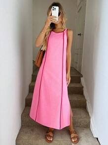 SHEIN LUNE Rochie de seară pentru femei, mărime plus, pentru întoarcerea la școală, rochie casual cu bretele, cusături contrastante, fără mâneci, lejeră, de toamnă, pentru femei, rochie de seară, cu imprimeu floral, stil business, casual, rochie lejeră, stil Old Money, rochie de nuntă pentru femei, rochie de seară, rochie de seară pentru femei, rochie de bal, rochie de bal, rochie de toamnă pentru femei, rochii elegante pentru petrecere, rochii de festival, potrivite pentru primăvară/toamnă, vacanță și întâlniri. - Roz fierbinte - Vizualizare 7