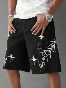 Manfinity LEGND 男士街头时尚休闲刺绣黑色牛仔短裤，适合派对和郊游，Emo 风格 - 黑色 - 查看 1