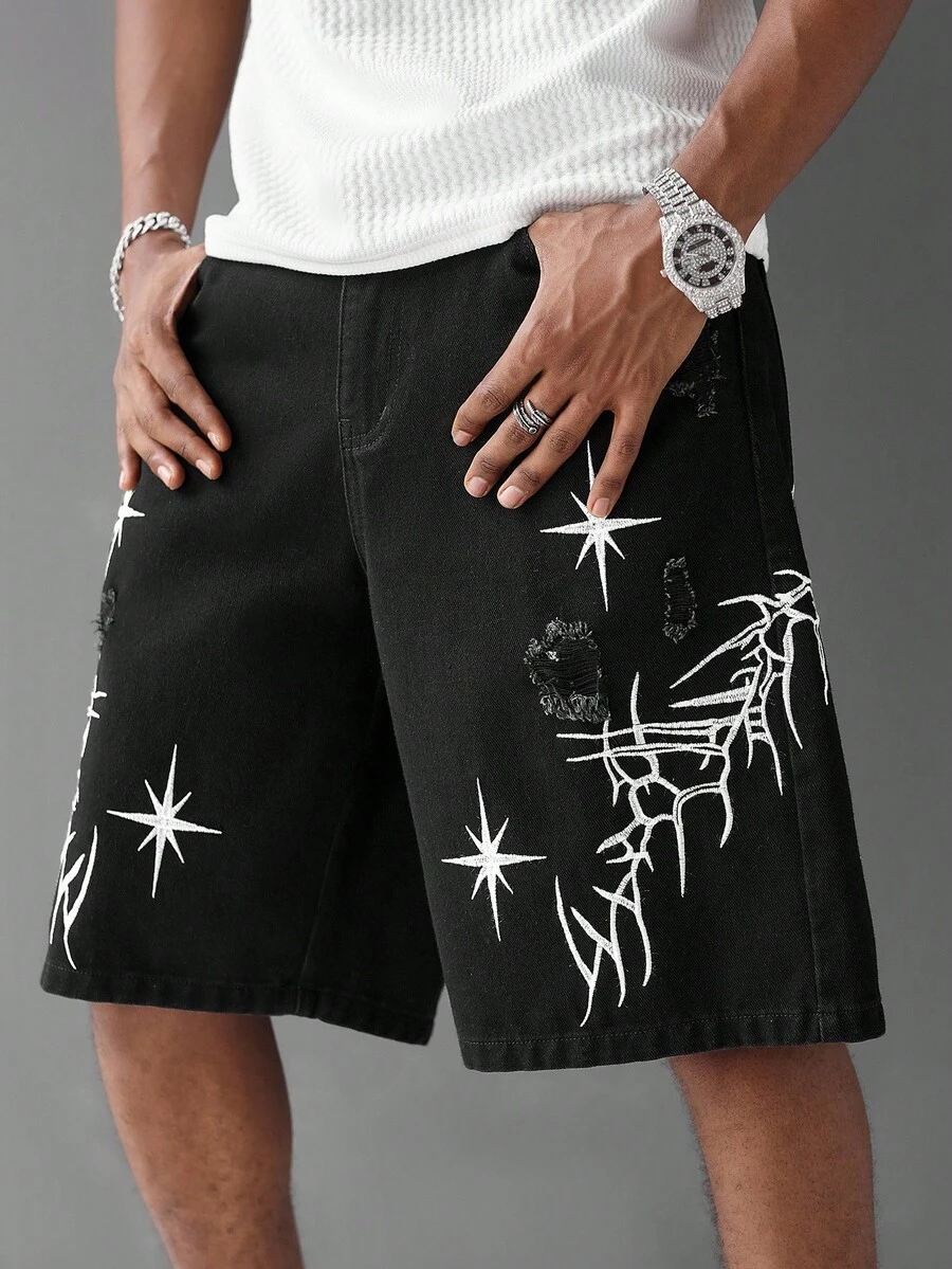 Manfinity LEGND 男士街头时尚休闲刺绣黑色牛仔短裤，适合派对和郊游，Emo 风格 - 黑色 - 查看 1