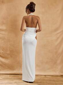 SHEIN BAE White Deep V-Neck Slim Romper & Elegant Long Dress Two Pieces Outfit, Suitable For Wedding Guest, Spring/Summer