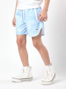 SUMWON 印花尼龙沙滩泳裤 夏季度假泳池抽绳松紧腰休闲冲浪男童青少年服装 - 藍色 - 查看 4