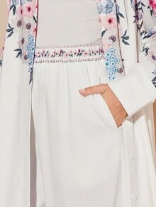 Amorya Women's Long Shacket, White & Pink Textured Fabric, Long Sleeve, Wide Leg Pants, Loose & Elegant Daily Wear, Spring/Summer, Autumn 2-Piece Set Teacher Outfits For Women