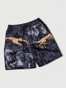 ROMWE MEN Goth 男士印花梭织短裤，适合春夏季日常穿着 - 紫色 - 查看 7