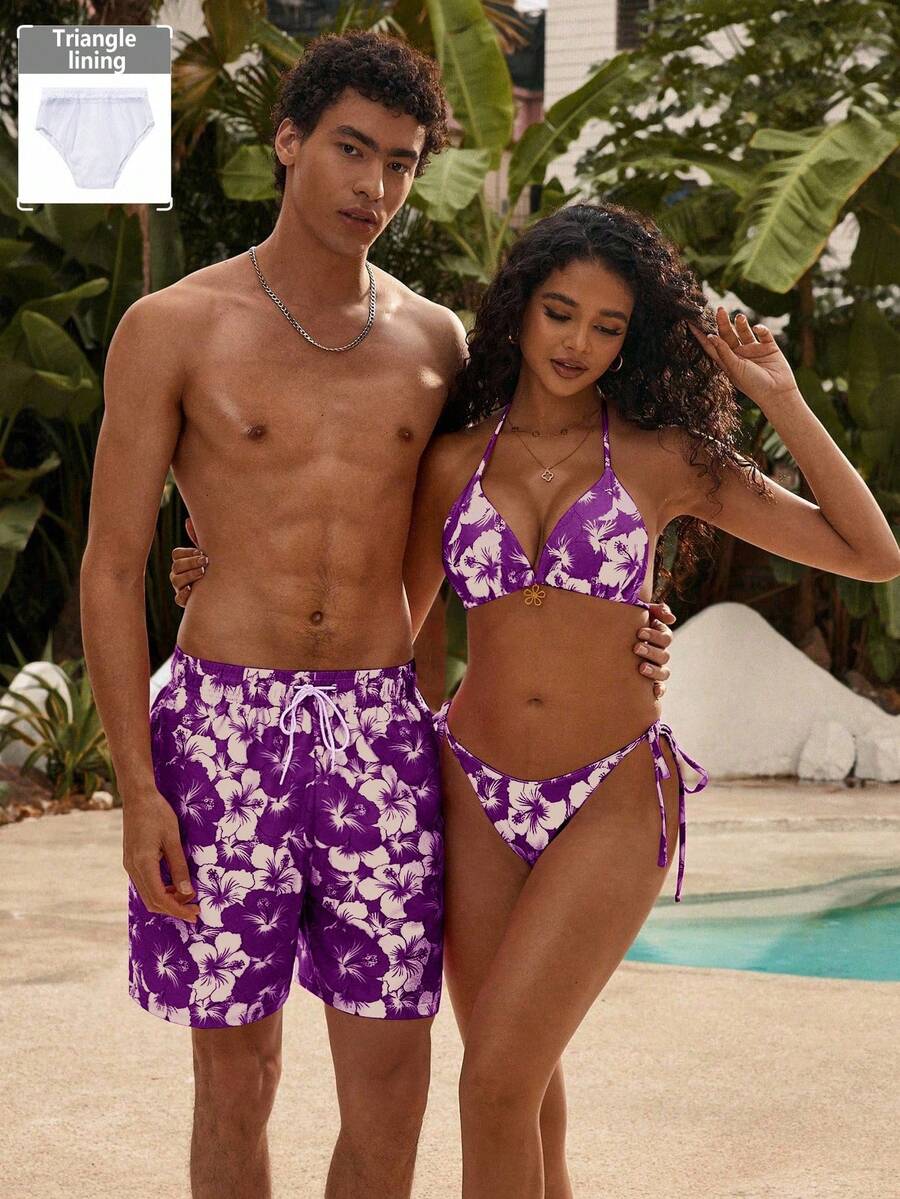Manfinity VDAYZ Men's Floral Print Drawstring Waist Pocket Beach Shorts - Multicolor - View 1