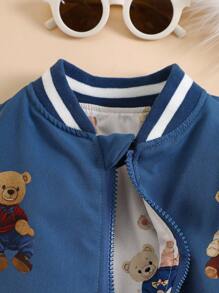 SHEIN Toddler Boys' Contrast Stripe Ribbed Collar Cute Bear Print Reversible Zip-Up Jacket Baby Bomber Jacket Baby Bear Print Jacket Baby Boy Bomber Jacket Toddler Bomber Jacket Fall Winter