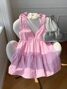 Comfortcana 女式格纹吊带V领泡泡袖迷你连衣裙 - 粉色 - 查看 1