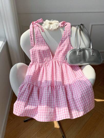 Comfortcana Women's Pink Gingham Mini Dress: Sleeveless V-Neck Woven Flounce Dress With Ruffle Detail And Tie-Shoulder Straps Vacation Dress