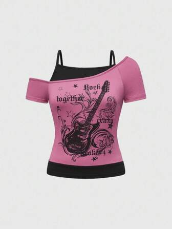 Grunge Punk Camiseta de mujer con estampado de guitarra grunge, patrón de música rock, festival de música, de hombros caídos y color contrastante