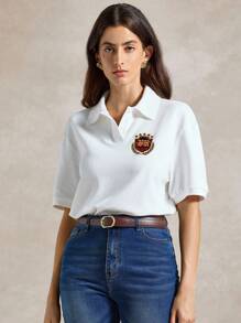 Briarwyn 女式字母刺绣短袖 Polo 领休闲上衣，秋季女装，返校季，复古风女式 POLO T 恤，图案 T 恤 - 白色 - 查看 6