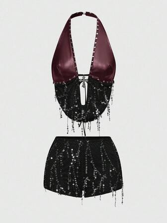 Grunge Punk Outfit da festival musicale Y2K Baddie, set da donna con pendente a croce in metallo, patchwork in PU, rete a maglie, perline e schiena scoperta