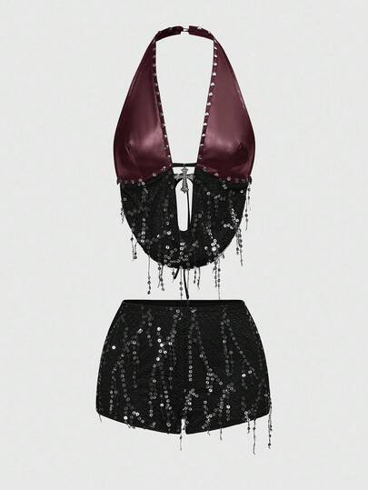 Grunge Punk Ensemble femme Y2K Baddie pour festival de musique avec pendentif croix en métal, patchwork en PU, filet, perles et dos nu