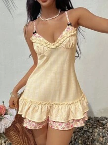 Sunnyshic 女式夏季休闲度假格子拼布碎花双层荷叶边吊带迷你连衣裙 - 黃色 - 查看 6