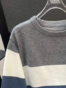 男童休闲撞色条纹针织圆领套头毛衣，秋冬季上衣 - 霧霾藍 - 查看 10