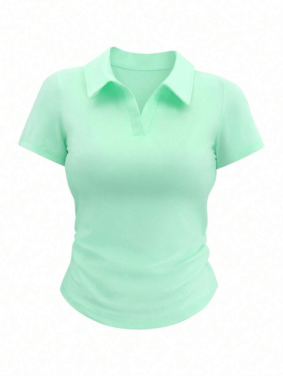 Airaco 女式休闲纯色 Polo 领短袖 T 恤 - 薄荷綠 - 查看 1
