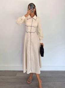 Siren Gaze Women's Casual Commuter Color Block Trim Front Button Long Dress, Fall Women Clothes,Back To School,Country Concert Outfit , Business Casual Woman, Teacher Outfits For Women,Date Night Outfits Women ,Birthday Outfit ,Brunch Outfits For Women,Western Women Wear ,Business Casual Woman ,,Fall Dresses For Women Winter Elegant Evening Dress