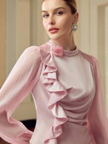 ZEYLAH 女式纯色优雅 3D 花卉荷叶边长袖衬衫 - 粉色 - 查看 6