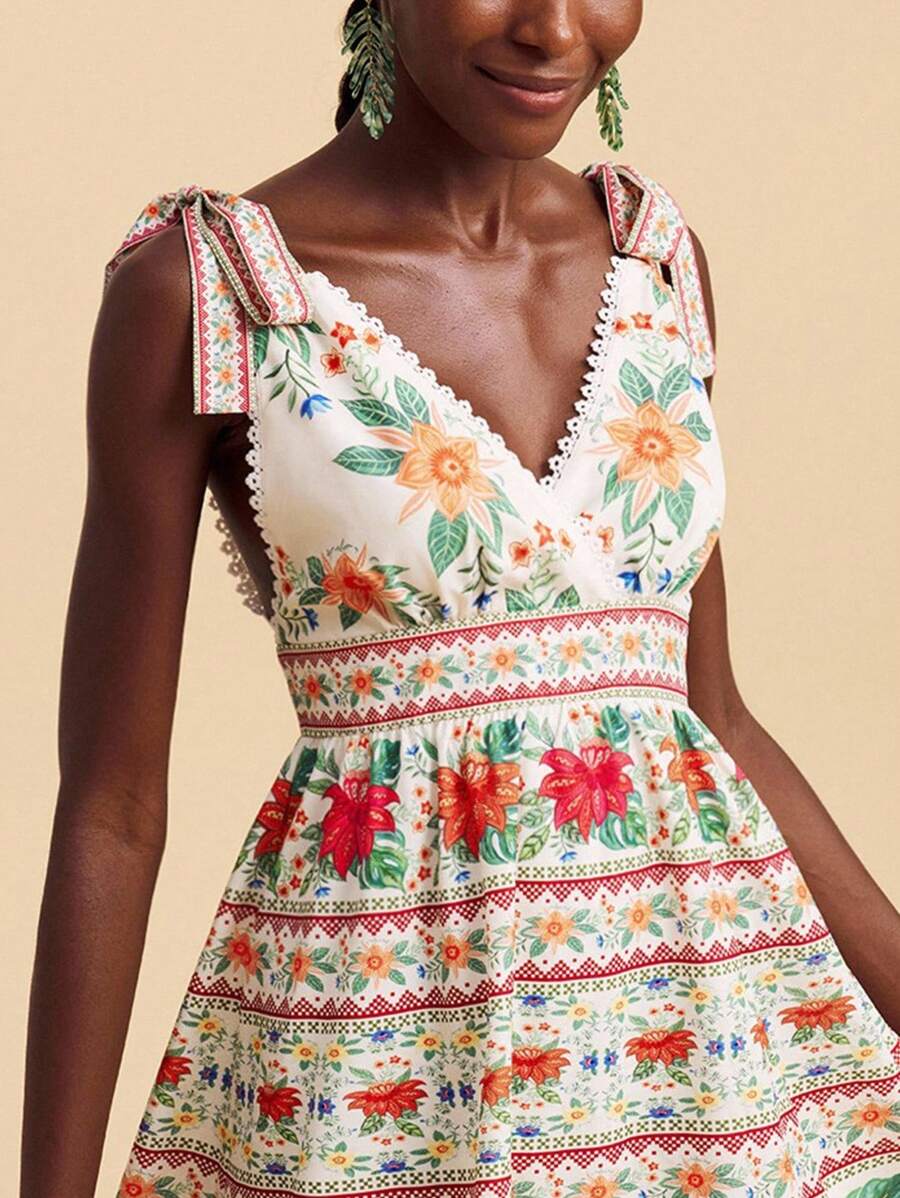 Travachic Vacation Woven Floral Print V-Neck Bodycon Mini Dress For Women,Summer Outfits For Women,Beachwear,Spring And Summer,Easter,Holiday Outfits,Beach Outfits For Woman,Spring Break,Vacation Outfits Women,Concert Outfit Women,BOHO,Bohemia,Music Festival,Tropical Vacation Woman Clothes,Romantic,Going Out Tops,Date Night Outfits Women,All Women Clothes,Fall Clothes ,Autumn - Multicolor - View 1