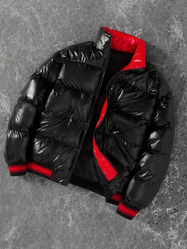Manfinity EMRG Jachetă de iarnă lucioasă pentru bărbați, cu fermoar în față, în culori contrastante, jachetă bomber, jachetă streetwear, jachete pentru bărbați, jachetă neagră și roșie, un cadou grozav pentru iubitul tău, jachetă streetwear, jachetă pufoasă Y2k, jachetă pufoasă pentru bărbați, jachetă pufoasă neagră, toamnă