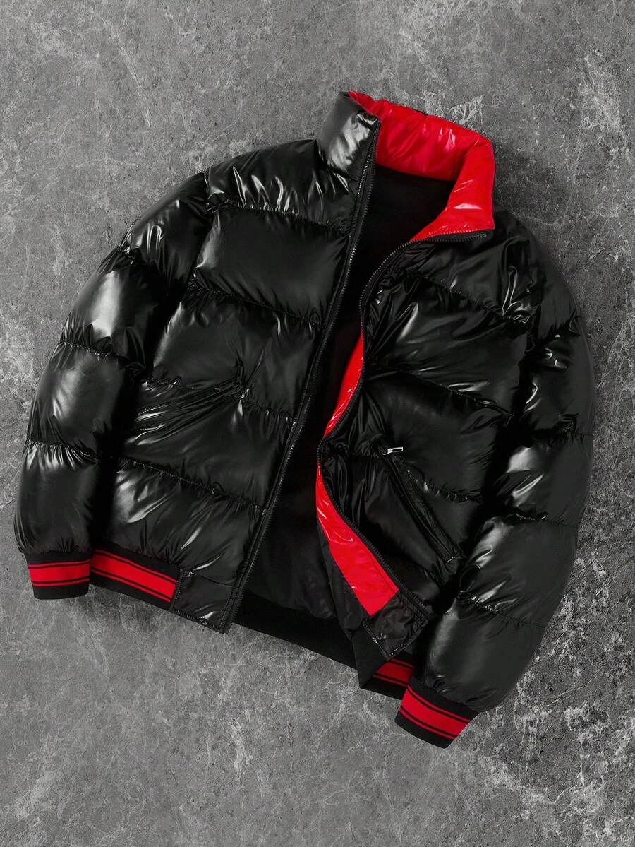 Manfinity EMRG Men's Long Sleeve Contrast Color Zipper Front Glossy Streetwear Winter Coat , Black And Red , A Great Gift For Your Boyfriend Streetwear Y2k , Fall - Black - View 1